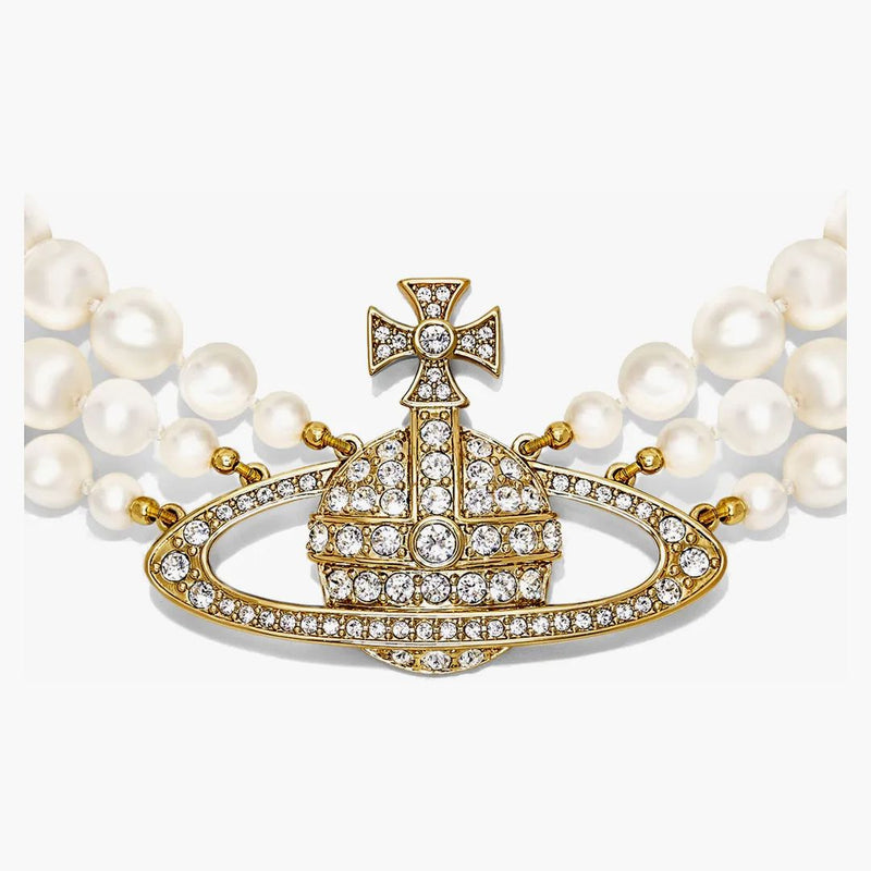 Vivienne Westwood Choker Three Row Pearl Bas Relief Gold