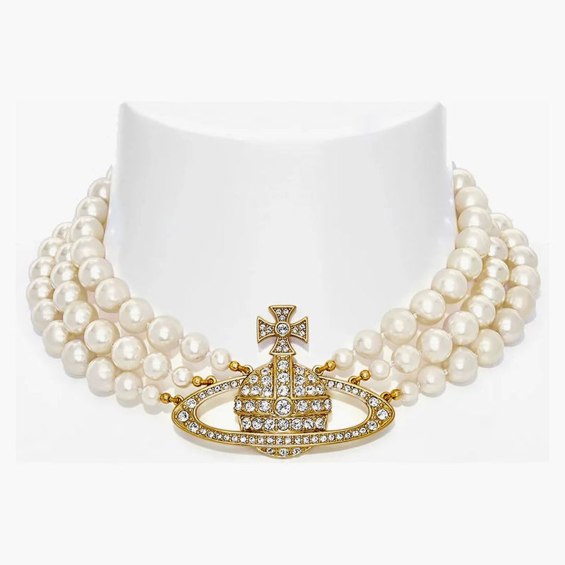 Vivienne Westwood Choker Three Row Pearl Bas Relief Gold