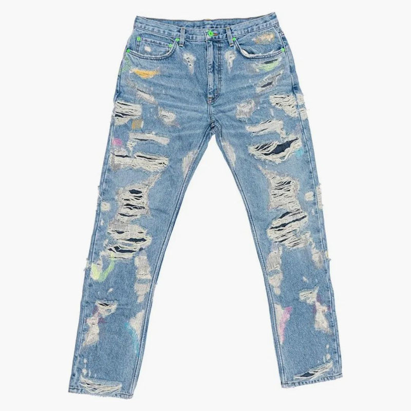 Vlone X Endless Embroidered And Distressed Denim Jeans Neon Green