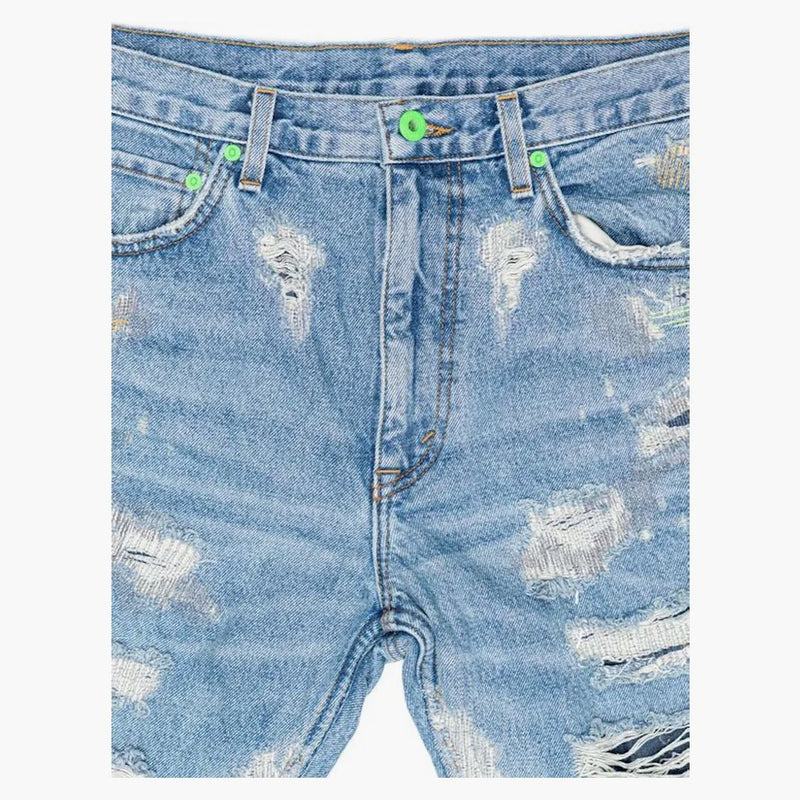 Vlone X Endless Embroidered And Distressed Denim Jeans Neon Green