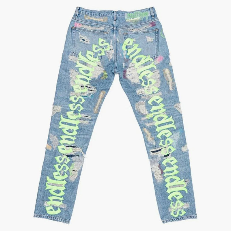 Vlone X Endless Embroidered And Distressed Denim Jeans Neon Green