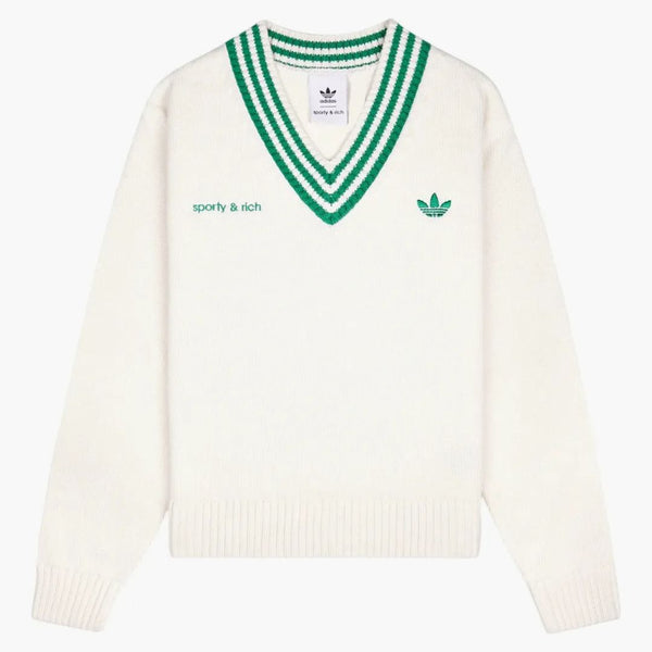 Adidas x Pulover sportiv și bogat în V de pe alb/Court Green