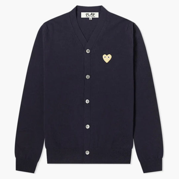 Comme of the Garcons Play Beige Heart Fine Knit Wool Cardigan Navy/Beige